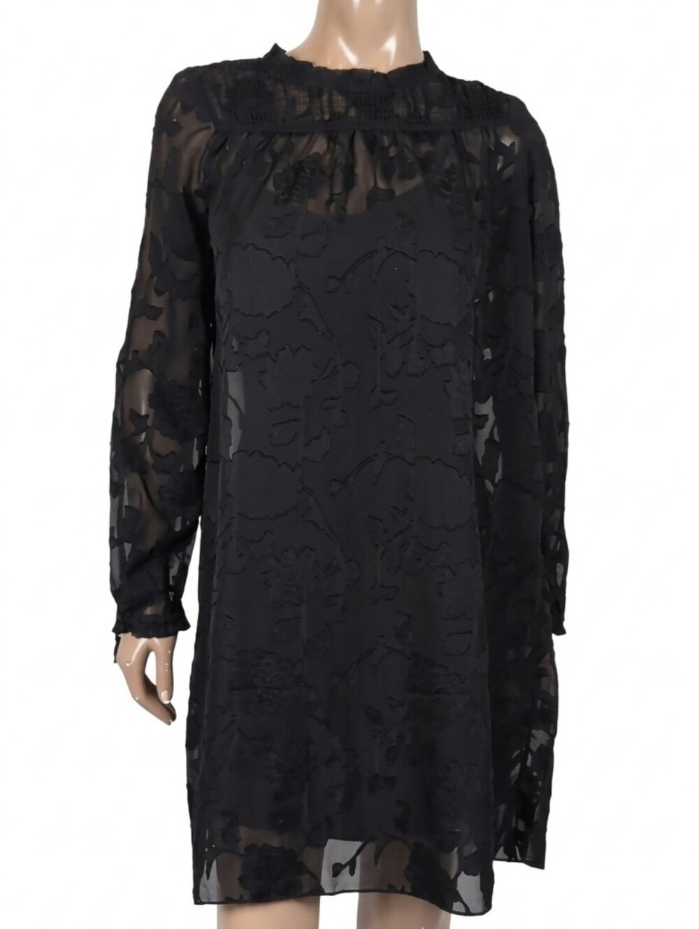 ABS Allen Schwartz Lace Shift Dress Long Sleeve Sheer Pleated Floral Black XS